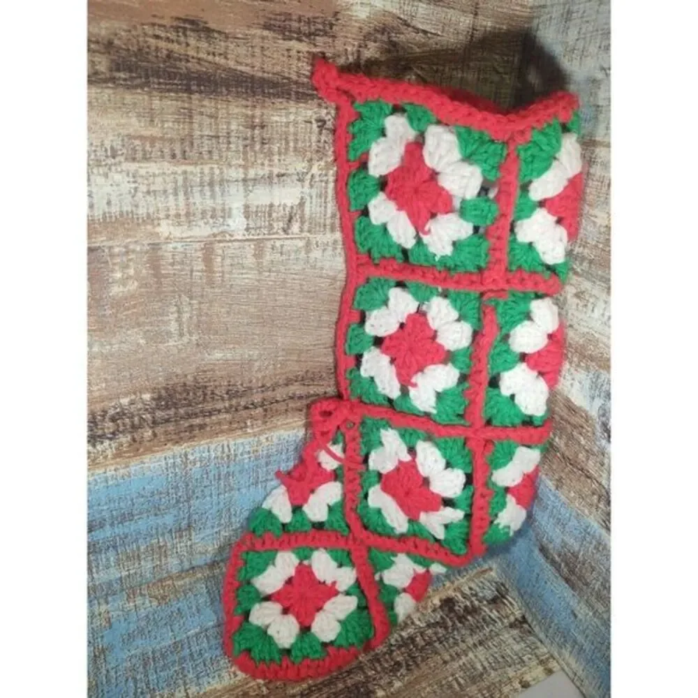 Vintage Handmade Granny Square Crochet Christmas Stocking Green Red‎ White